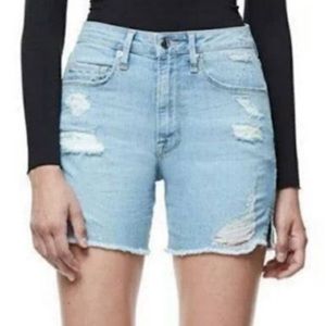 Good American Light Blue Distressed High-Rise Denim Shorts